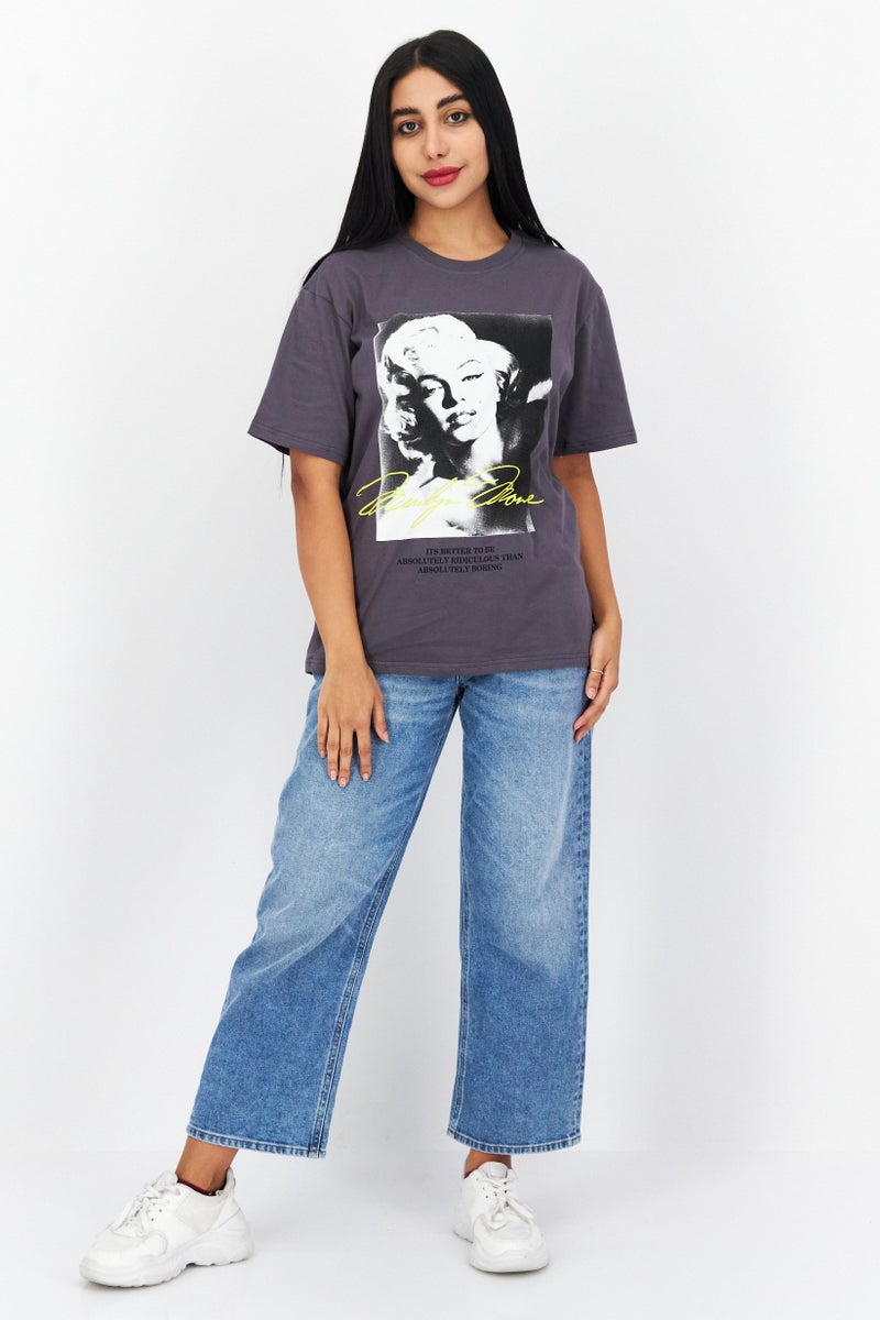 Marilyn Monroe Women Crew Neck Short Sleeve Graphic Print T-Shirt, Grey Combo - Image 4